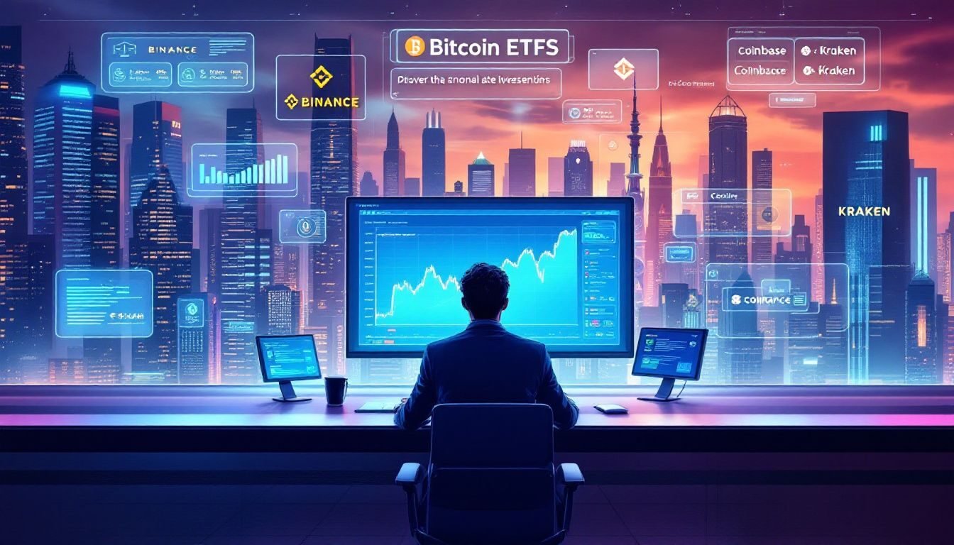 A visual representation of the process of investing in Bitcoin ETFs, including the choice of brokers.